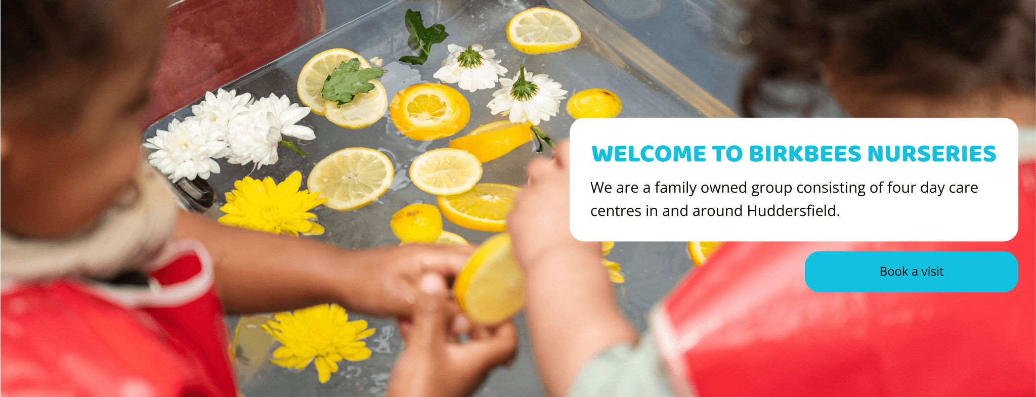 Banner for Birkbees Nurseries featuring children playing with floating lemons and flowers. The banner includes a white panel with the heading 'Welcome to Birkbees Nurseries' and a short description about their daycare services in Huddersfield. A blue call-to-action button reads 'Book a visit'.
